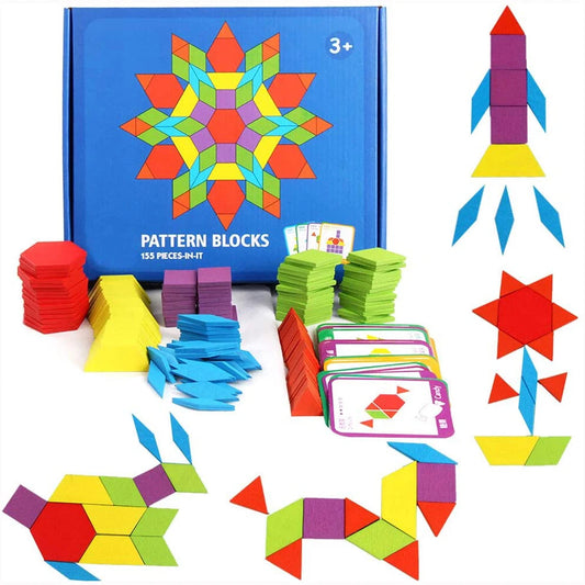 Wooden Tangram Childrens Montessori 155 Piece of Multiple Geometric Shape Block Set for Creative Learning of Shape and Symmetry