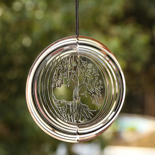 Garden Outdoor Hanging 3D Tree of Life Rotating Wind Spinner Flowing-Light Mirror Reflective Decoration