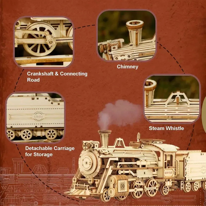 3D Wooden Puzzle Movable Steam Train, Car, Jeep for Children and Adults