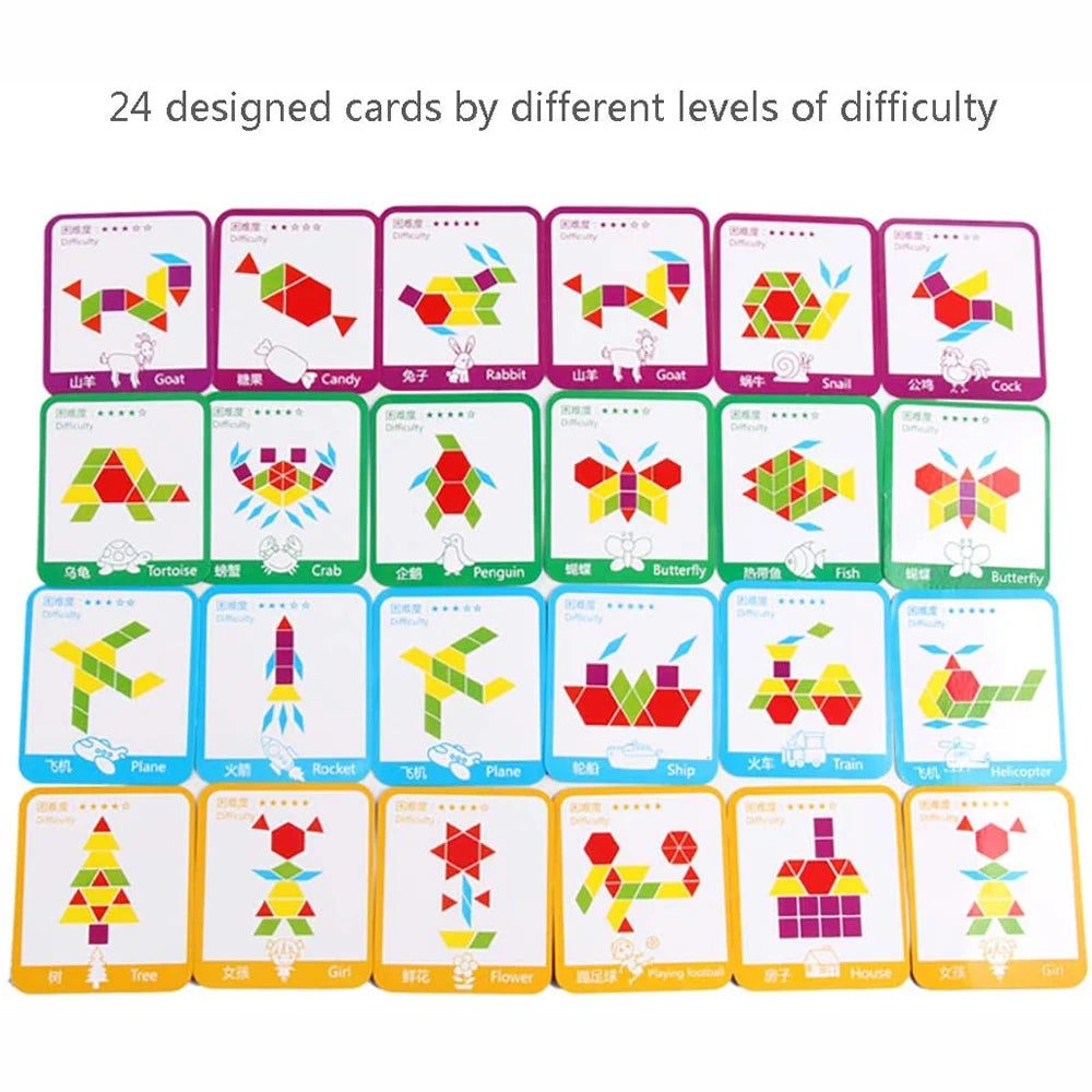 Wooden Tangram Childrens Montessori 155 Piece of Multiple Geometric Shape Block Set for Creative Learning of Shape and Symmetry