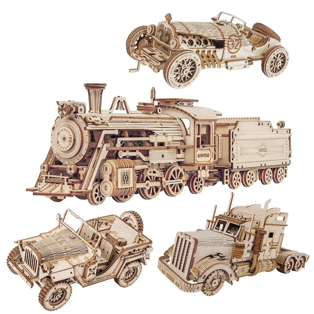 3D Wooden Puzzle Movable Steam Train, Car, Jeep for Children and Adults